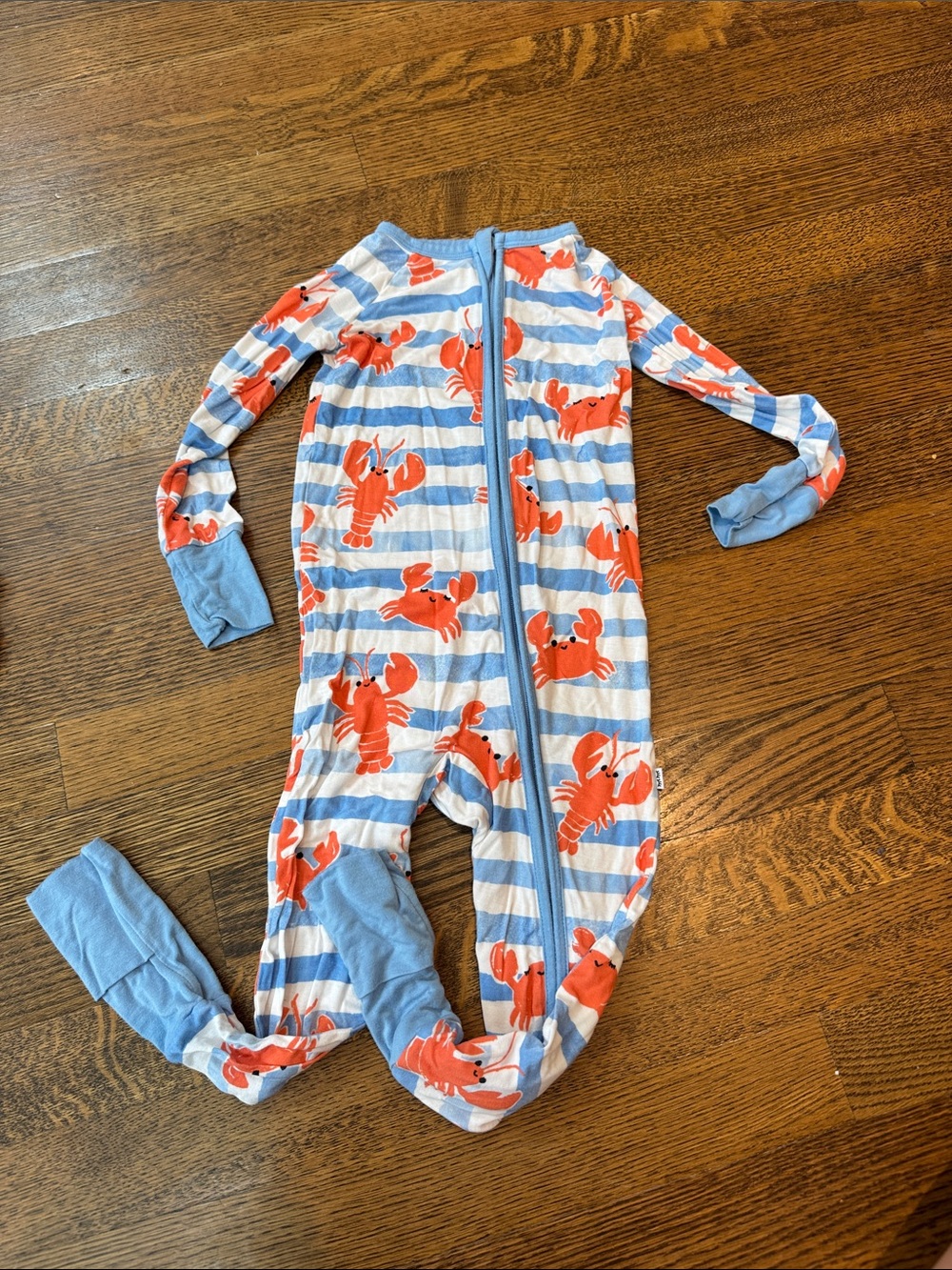 Little Sleepies Blue & White Striped Footie with Red Lobsters